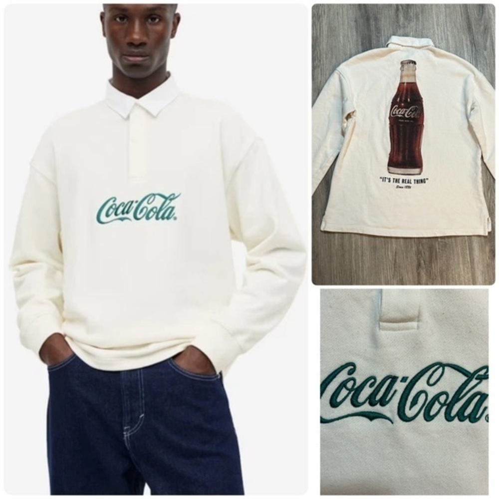 H&M Classic Coca Cola Men's Long Sleeve Rugby Polo Logo Top